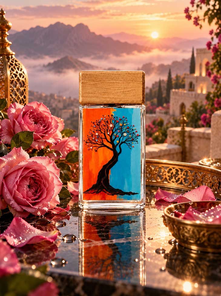 A JEE bottle among roses at sunset