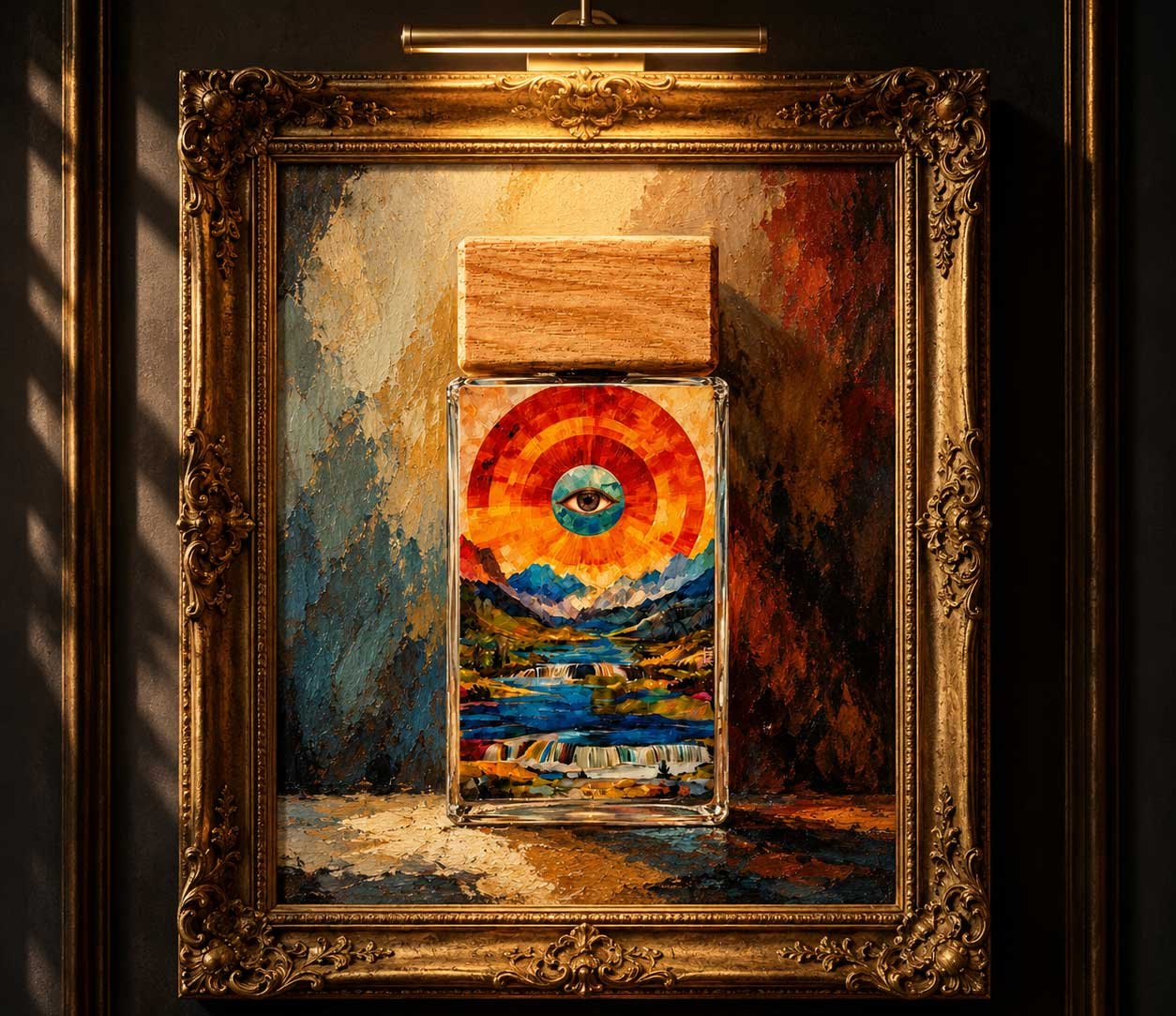 A single JEE bottle displayed in a gilded frame like a museum piece